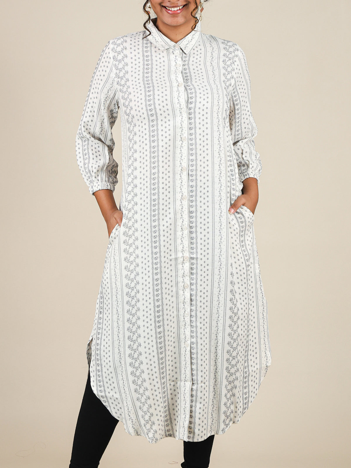 Isadora Ivory Grey Floral Stripe Midi