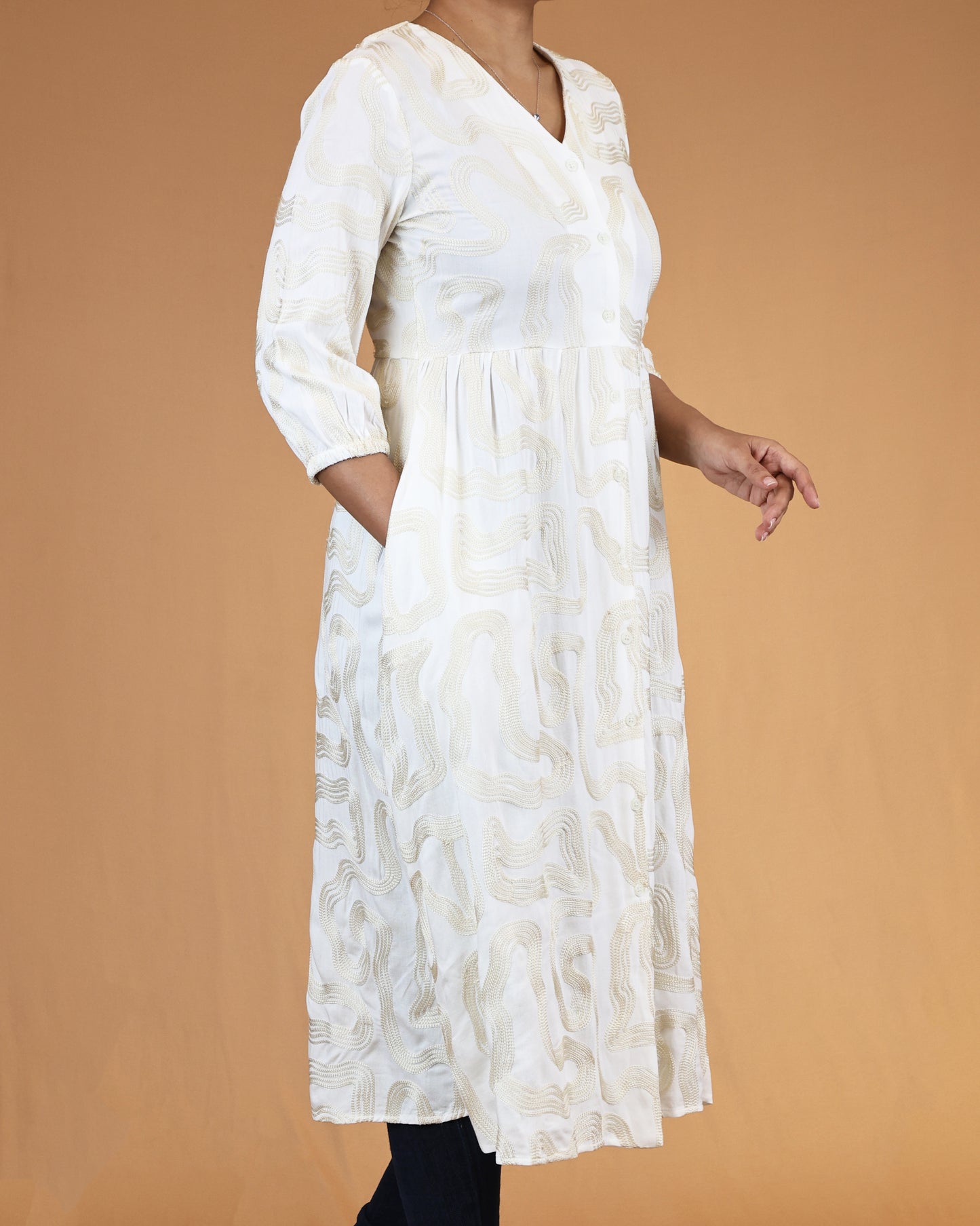 Ivory Gold Abstract Embroidered Button-Front Midi Dress