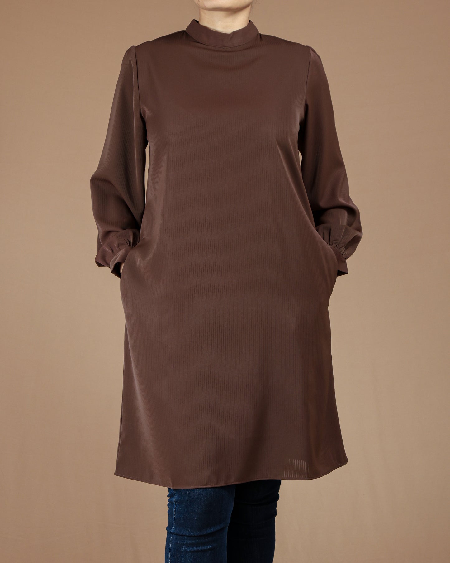 Minimalist High-Neck Long Sleeve Tunic Dress