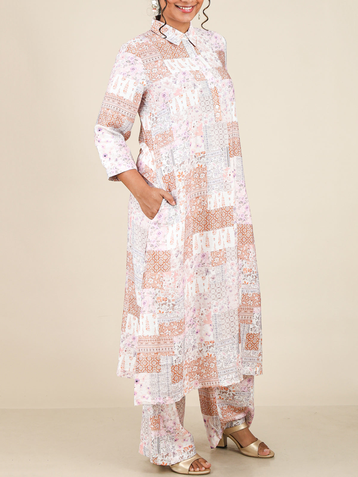 Aurette Blush Peach Patchwork Print Co-Ord Set