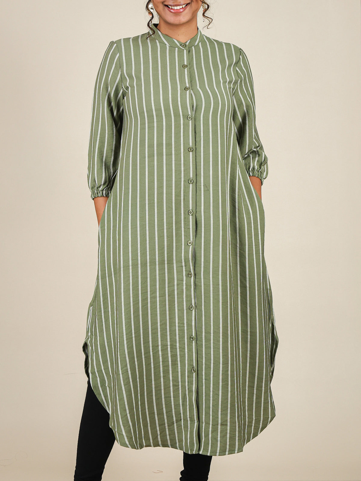 Zaria Sage Green Pinstripe Mandarin Midi