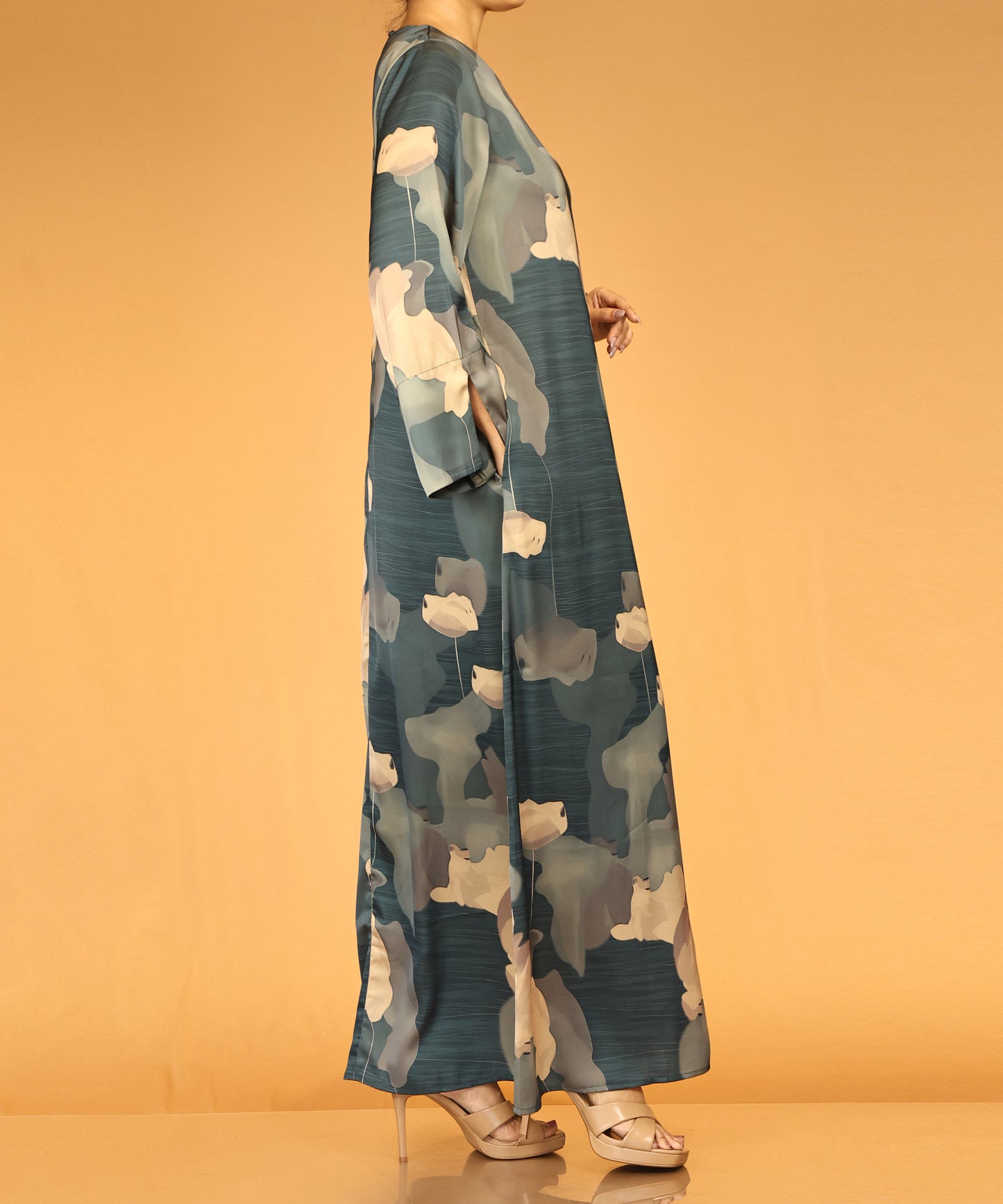 Floral Abstract Print Abaya – Teal Blue