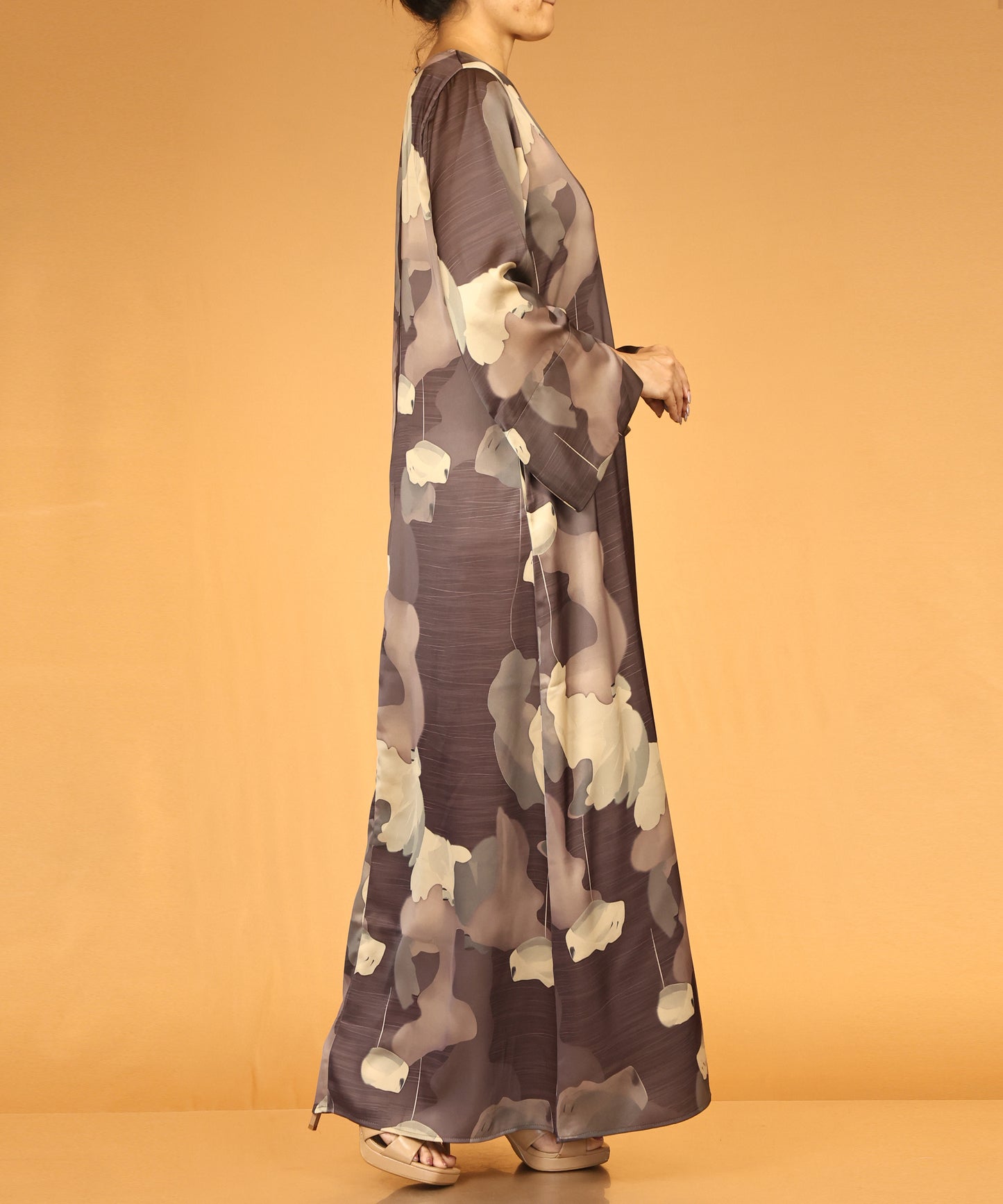 Floral Abstract Print Abaya – Mocha Brown