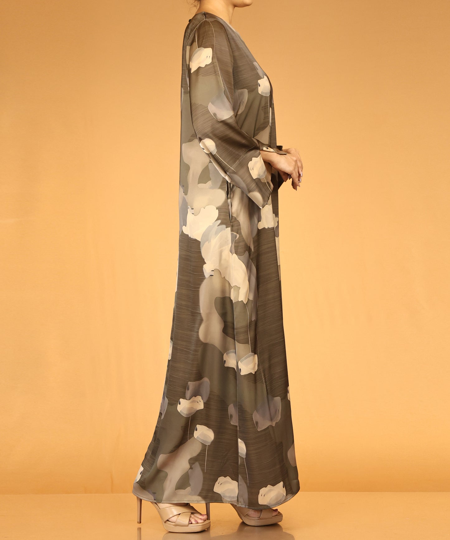 Floral Abstract Print Abaya – Olive Green