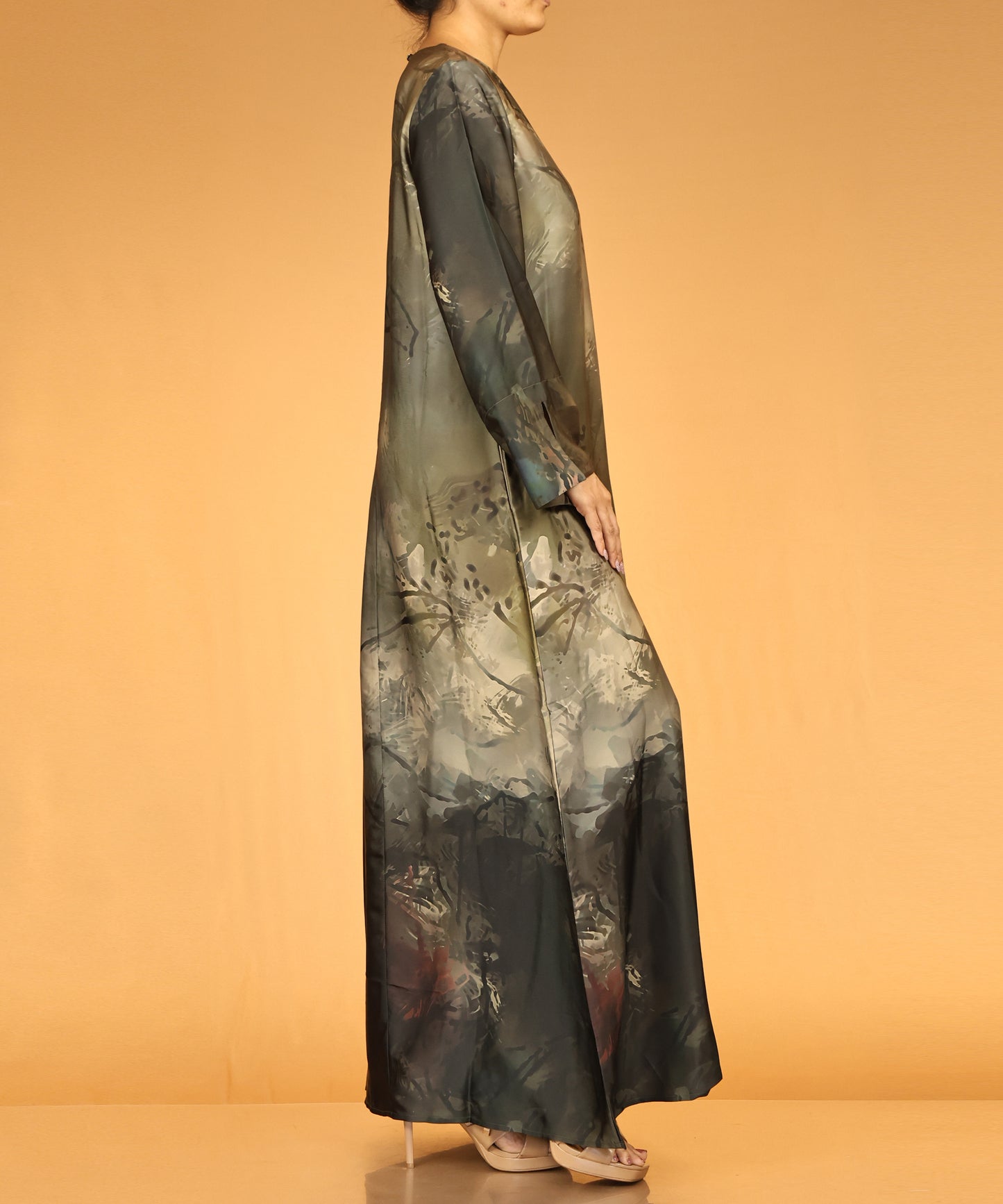 Olive Watercolour Print Long Maxi Abaya