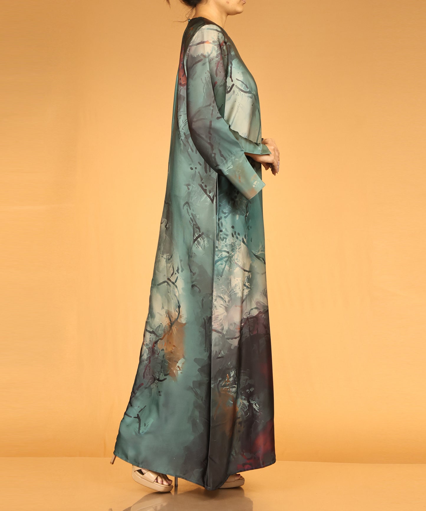 Teal Watercolour Print Long Maxi Abaya