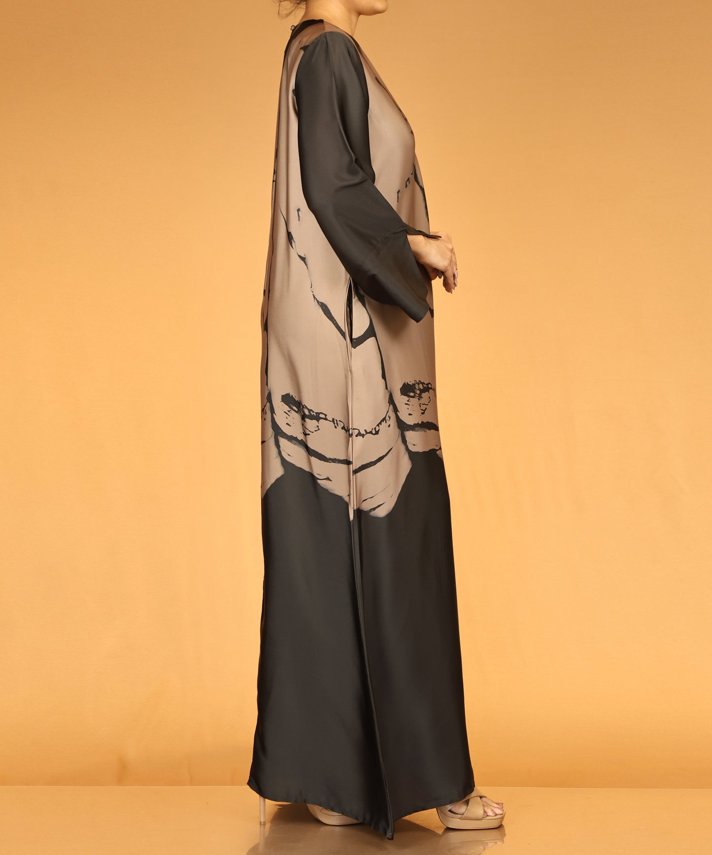 Dark Charcoal Abstract Print Long Maxi Abaya