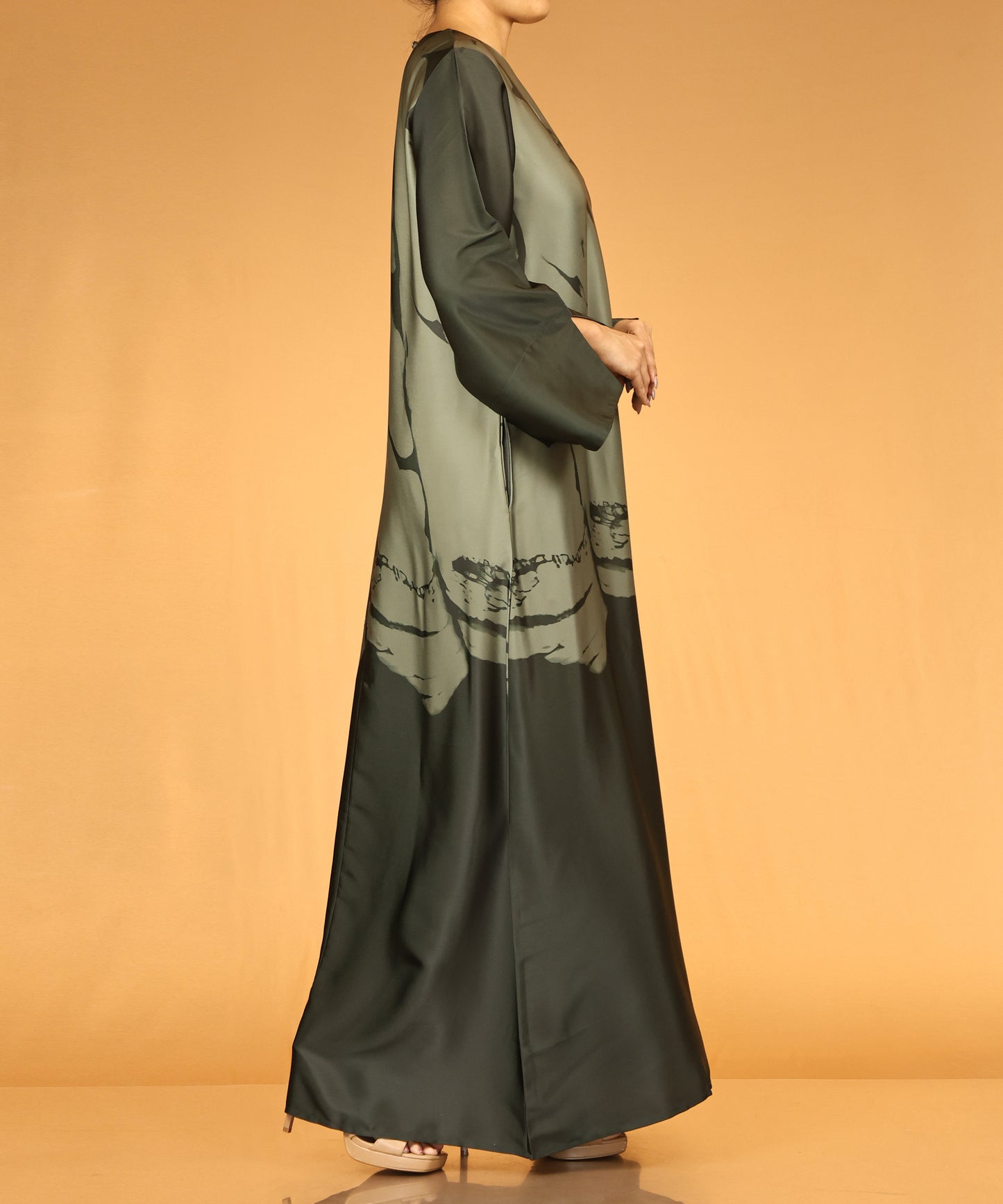 Olive Green Abstract Print Long Maxi Abaya