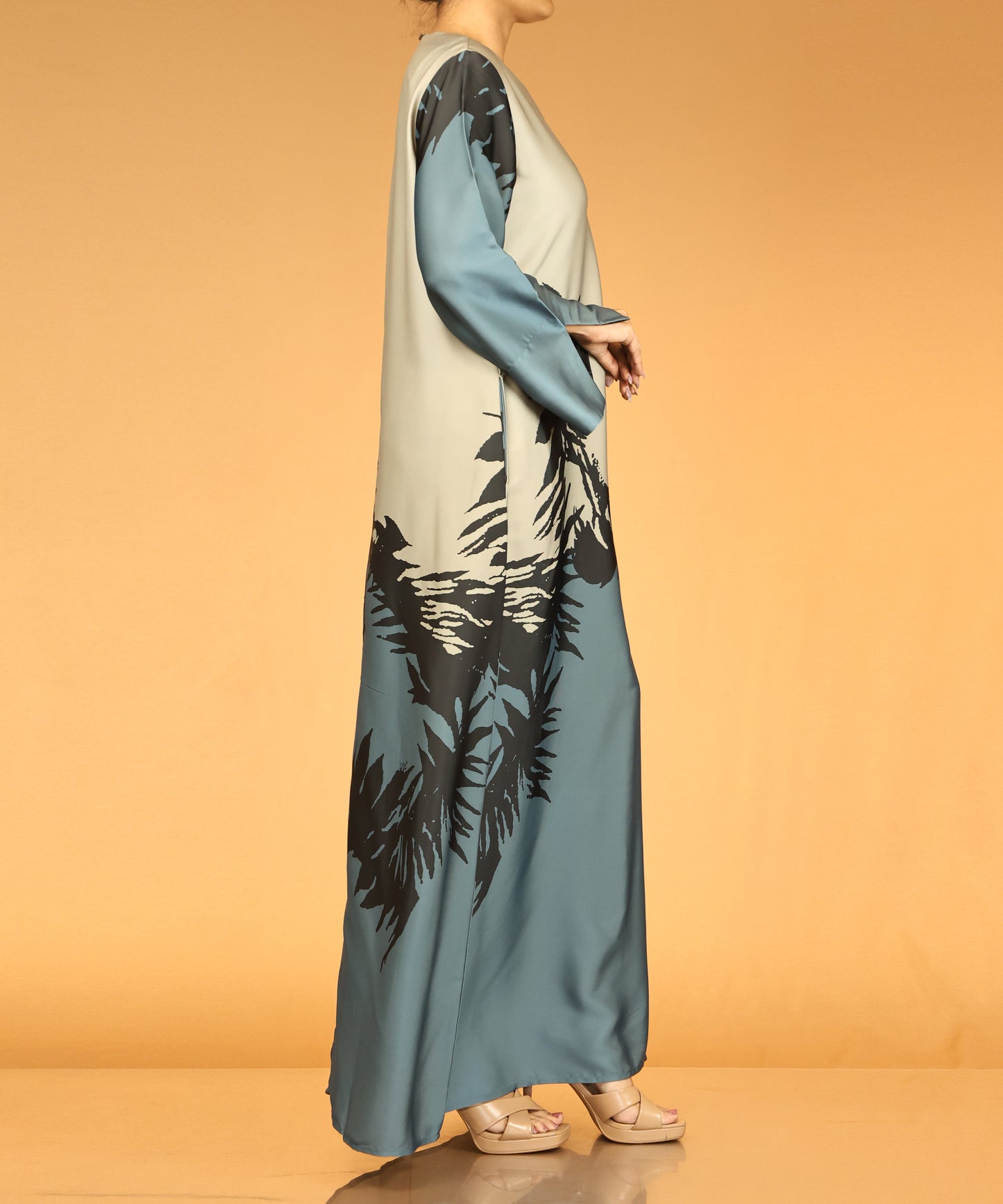 Teal & Beige Abstract Print Long Maxi Dress