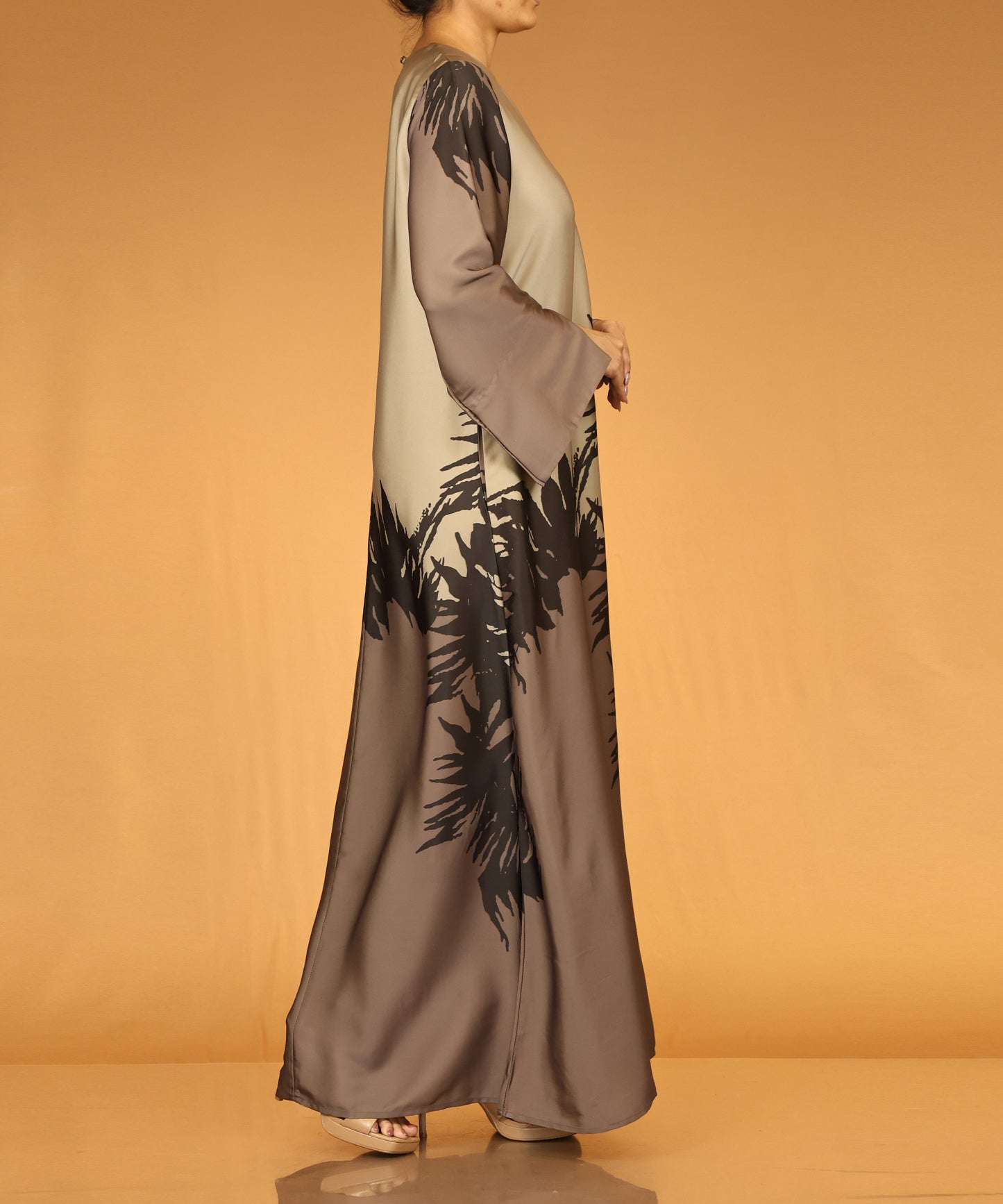 Taupe & Beige Abstract Print Long Maxi Dress