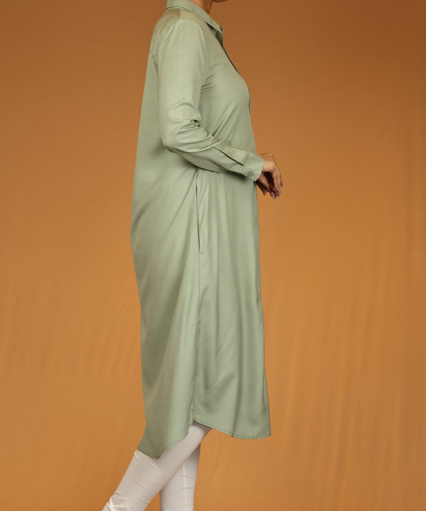 Sage Green Button-Down Long Shirt Dress