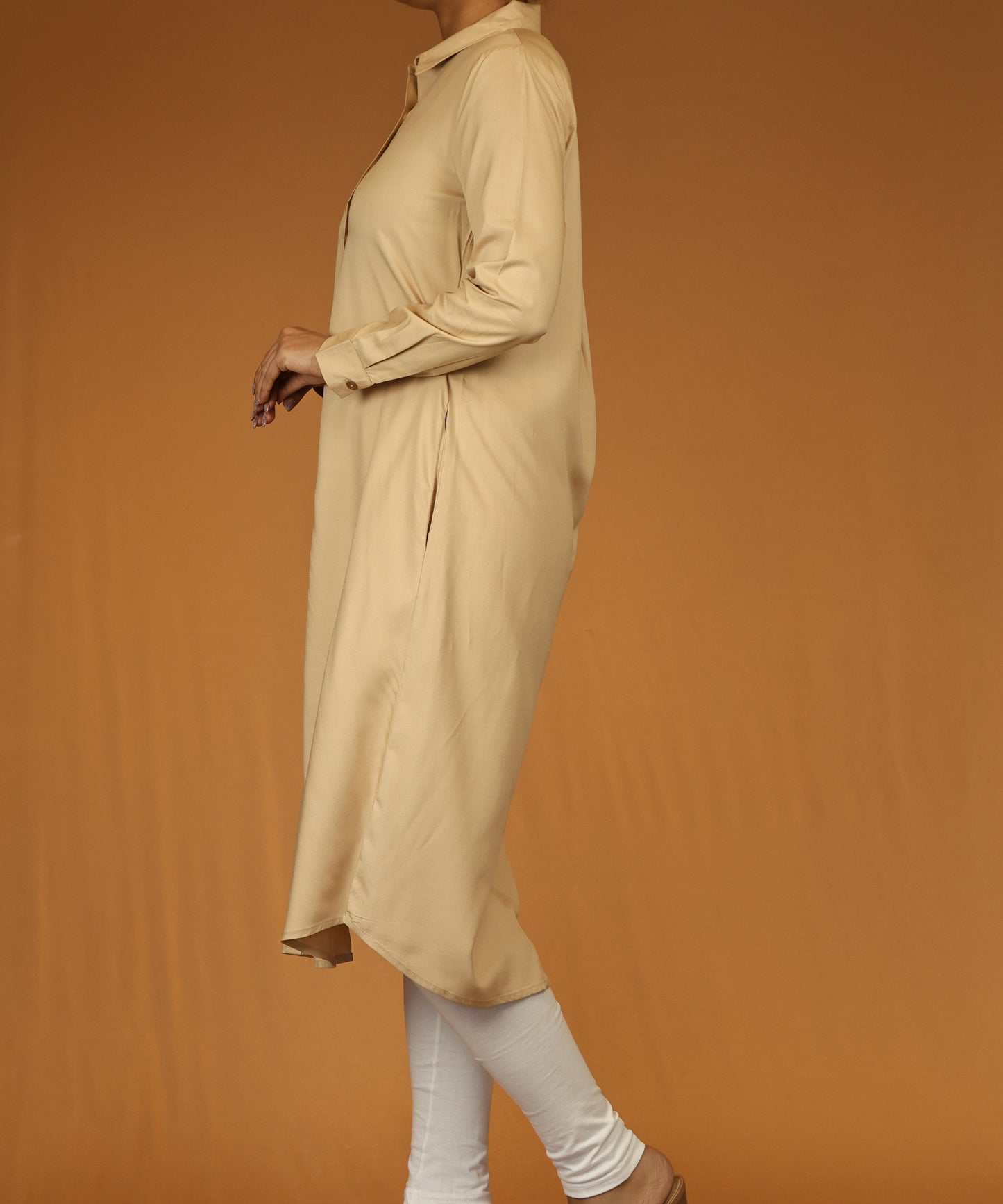 Beige Button-Down Long Shirt Dress