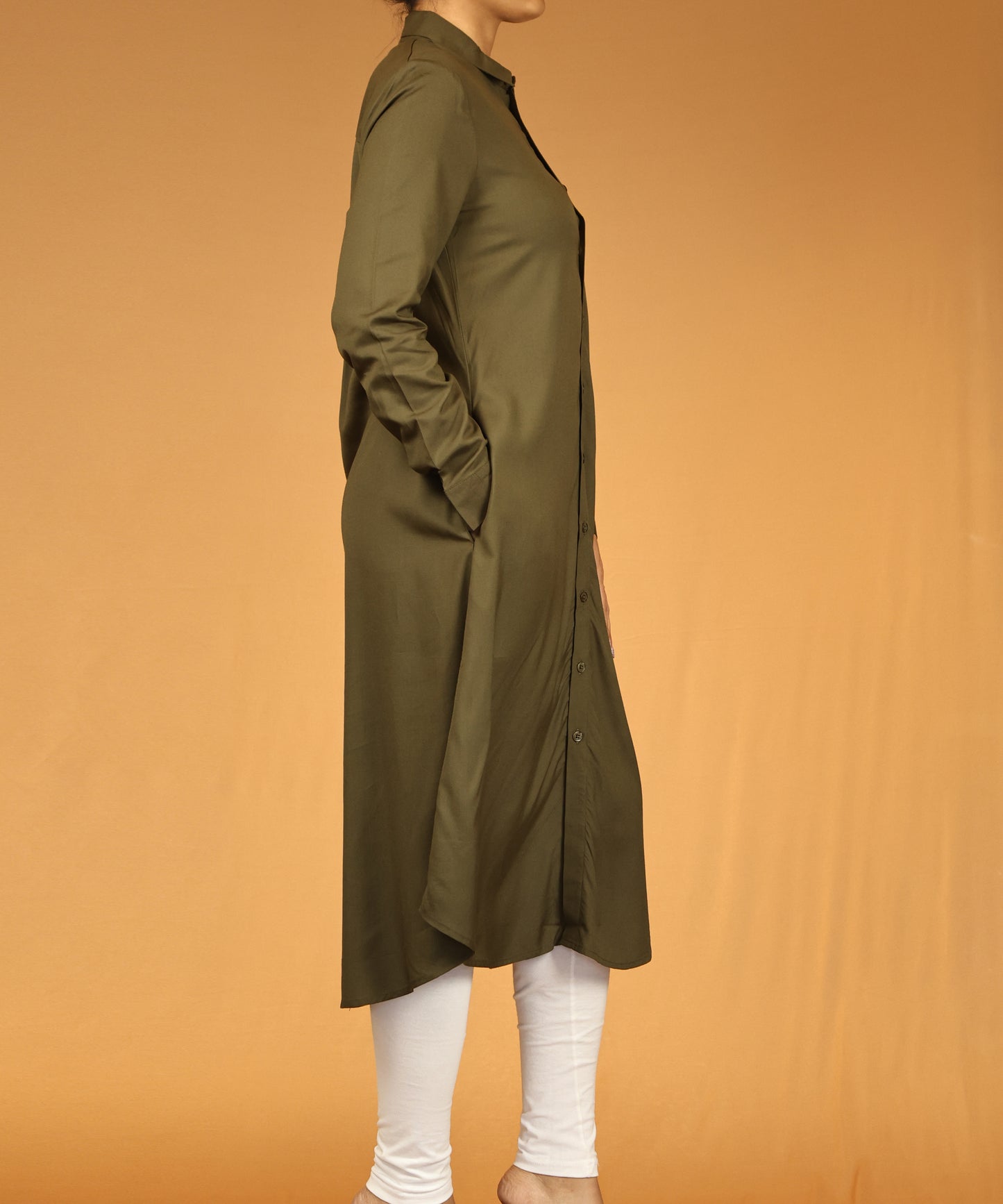 Olive Button-Down Long Shirt Dress