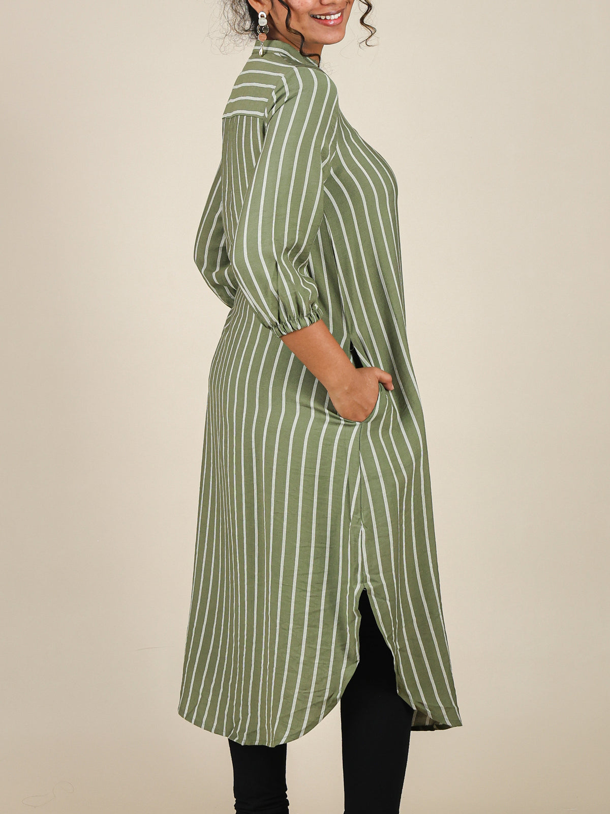 Zaria Sage Green Pinstripe Mandarin Midi