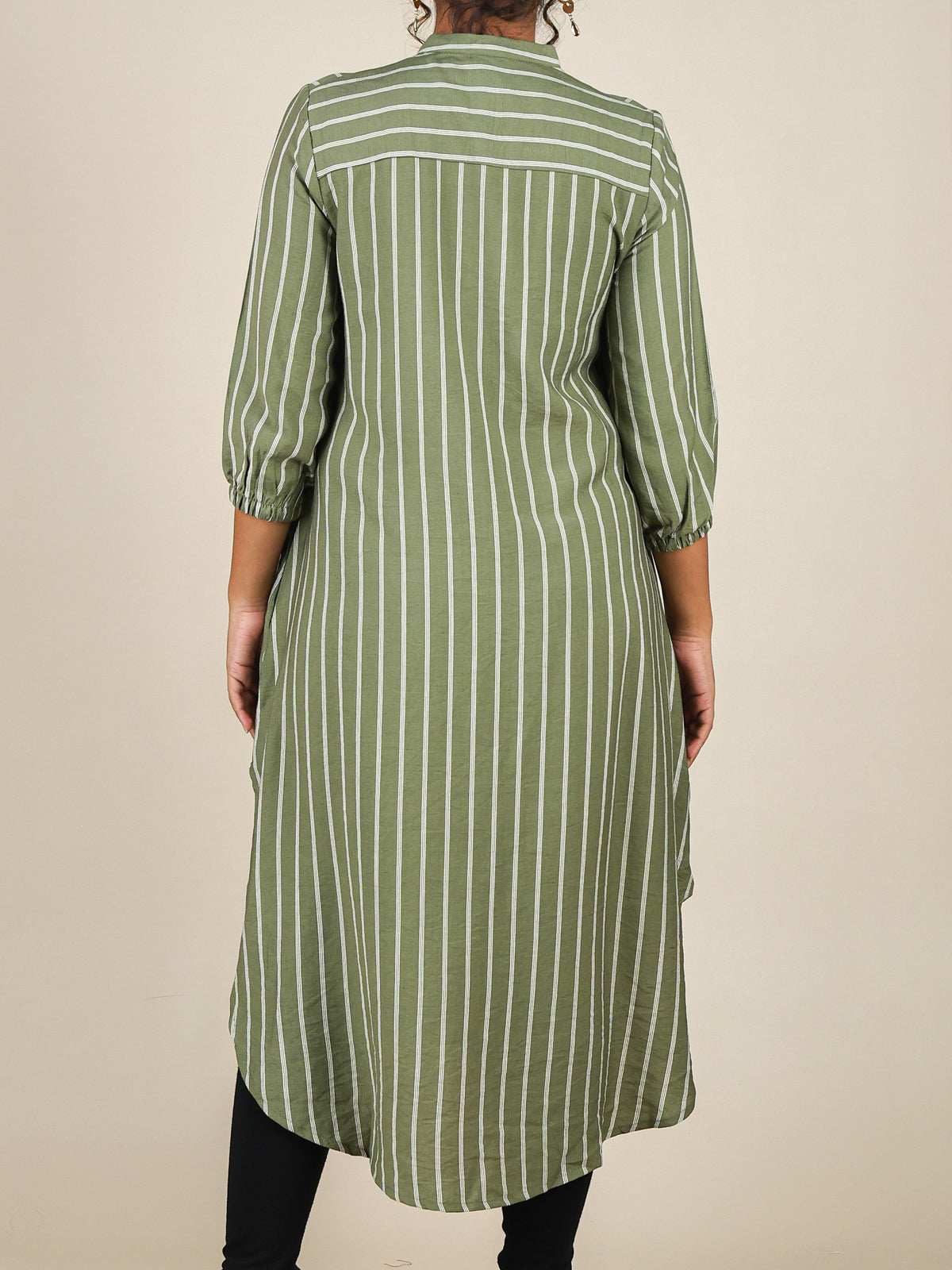 Zaria Sage Green Pinstripe Mandarin Midi
