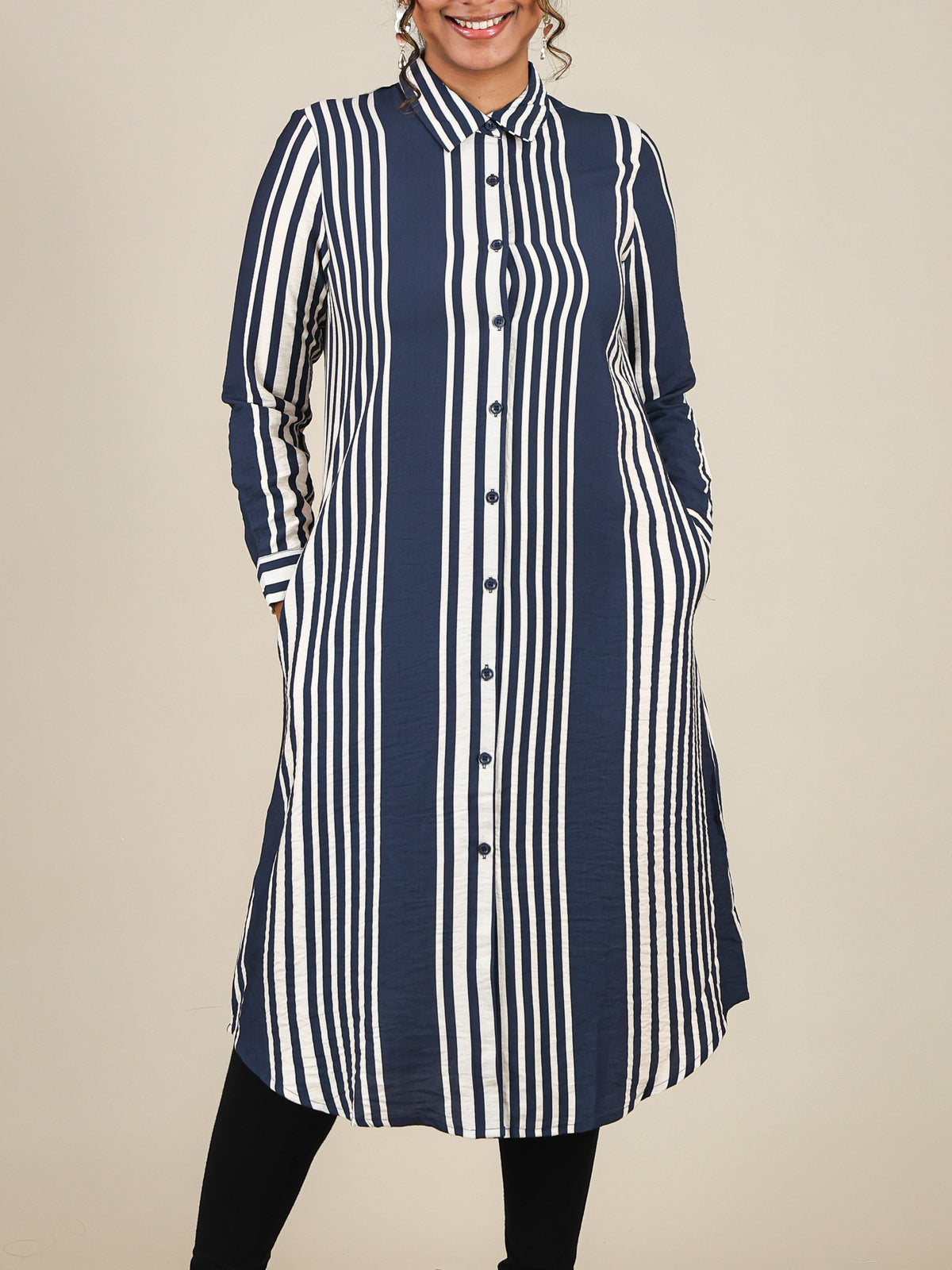 Elara Navy Blue Stripe Button Front Top