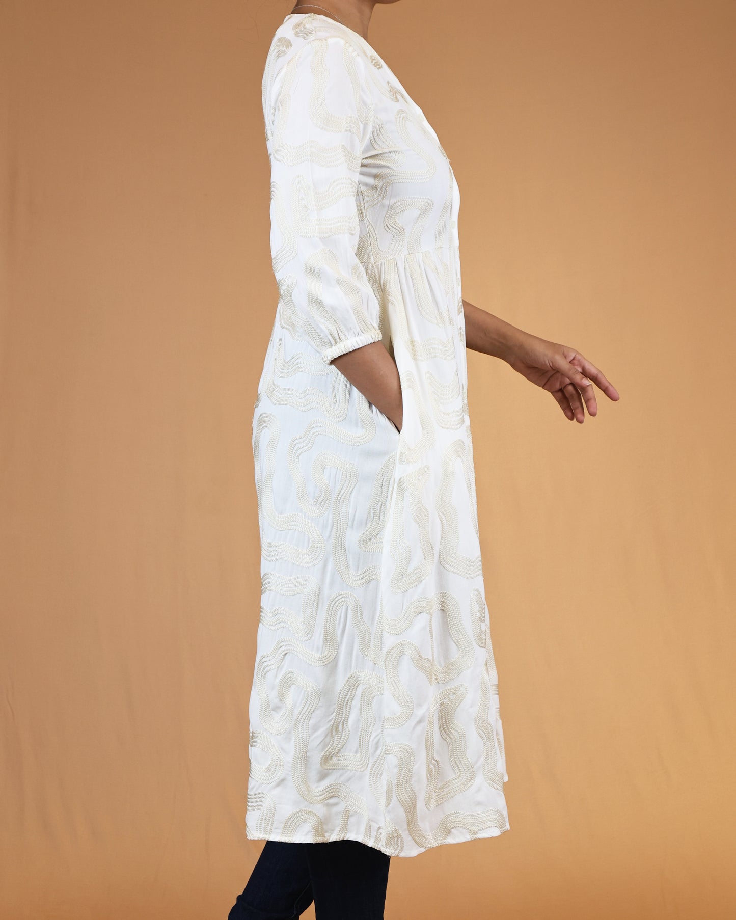 Ivory Gold Abstract Embroidered Button-Front Midi Dress