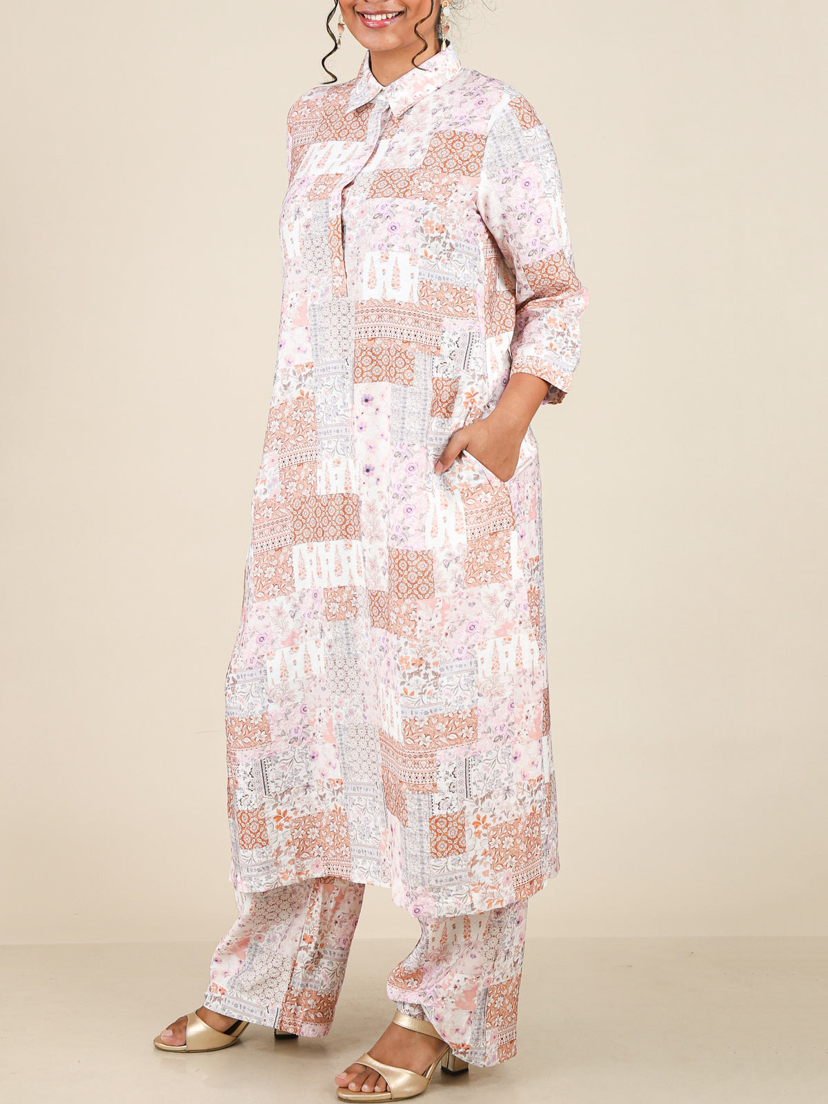 Aurette Blush Peach Patchwork Print Co-Ord Set
