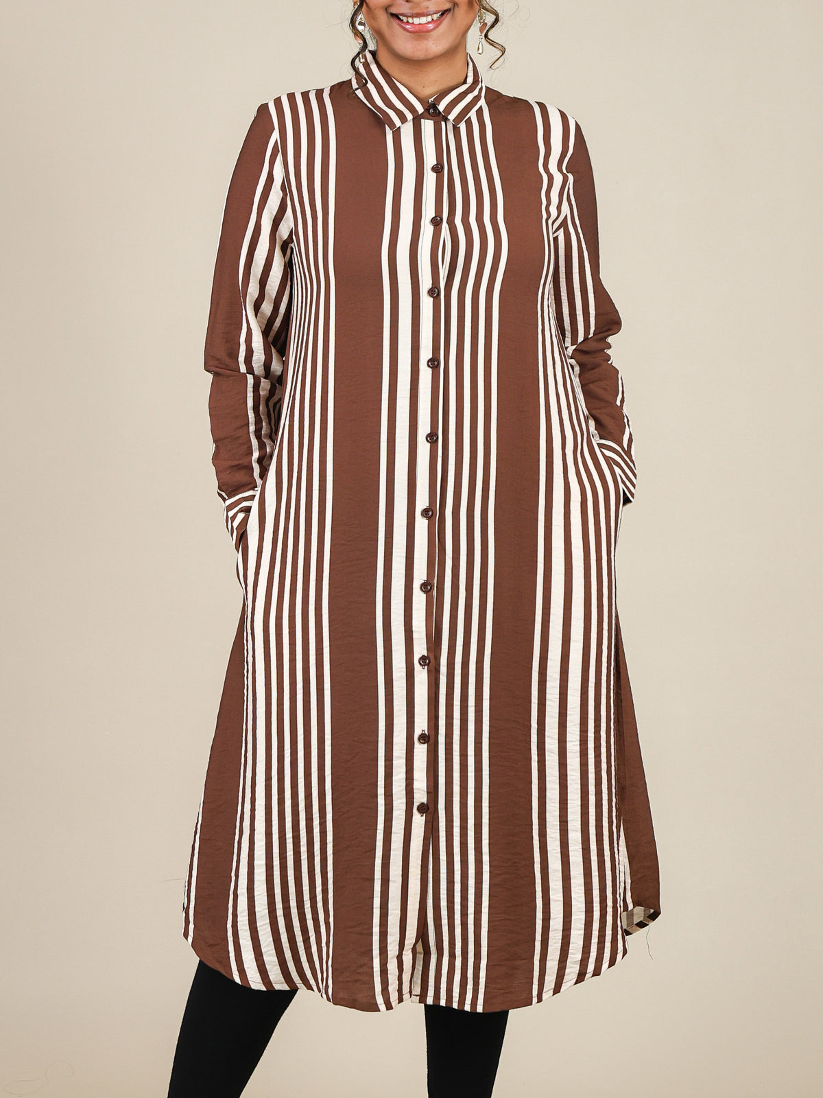 Elara Mocha Brown Stripe Button Front Top