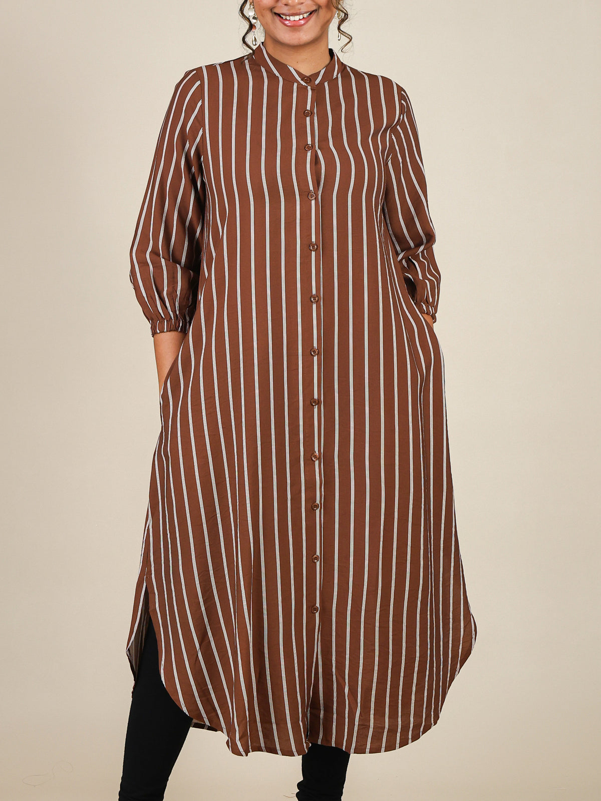Zaria Rust Brown Pinstripe Mandarin Midi