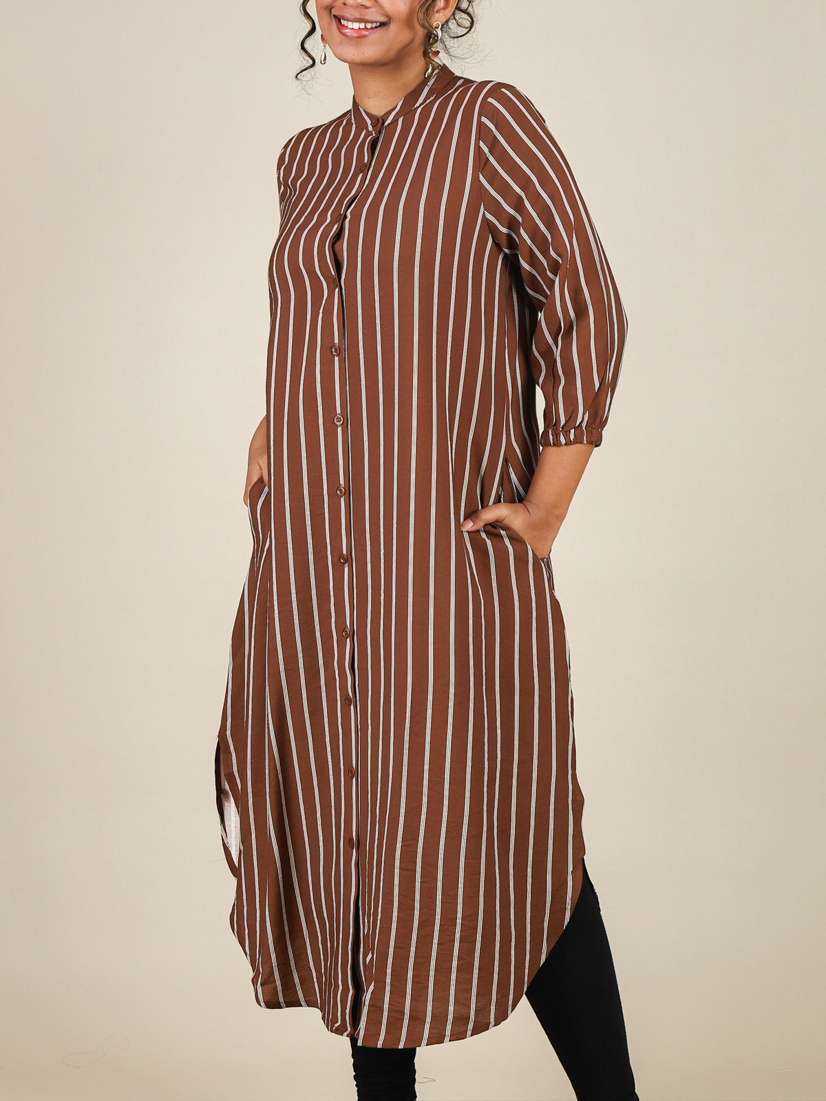 Zaria Rust Brown Pinstripe Mandarin Midi