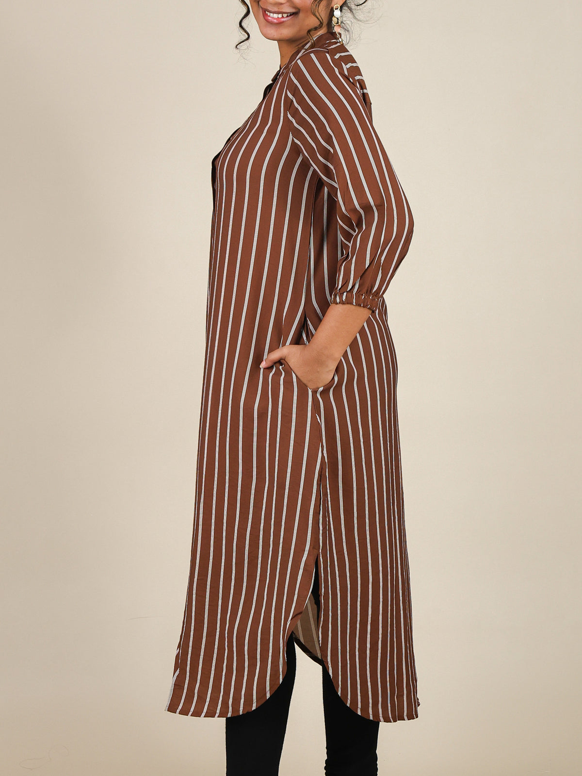 Zaria Rust Brown Pinstripe Mandarin Midi