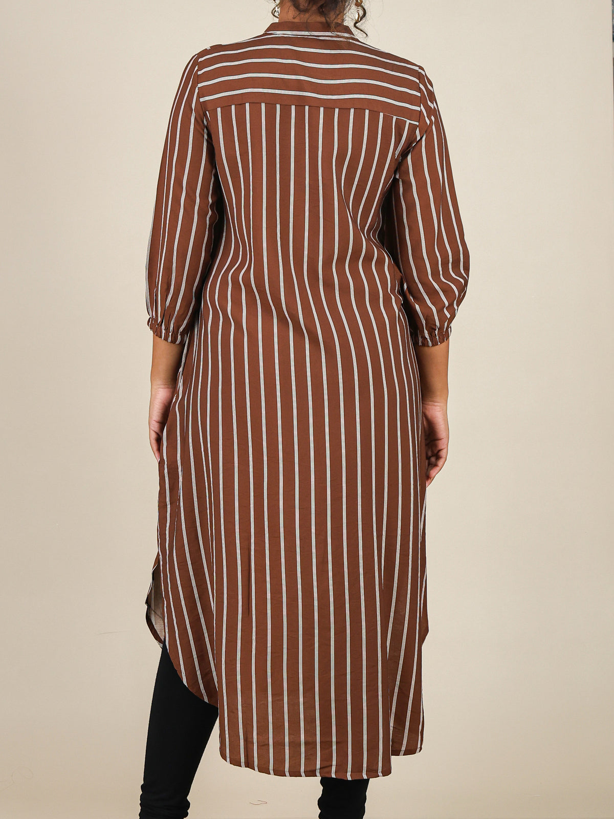 Zaria Rust Brown Pinstripe Mandarin Midi