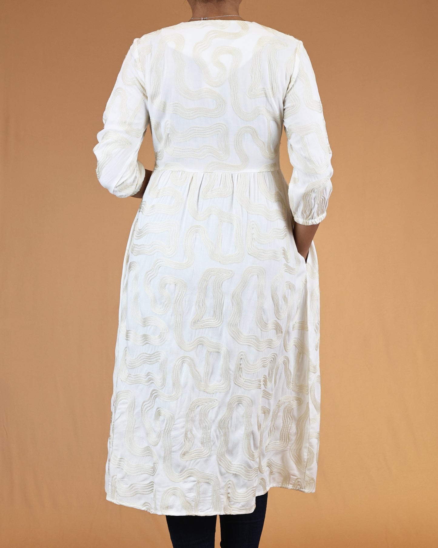 Ivory Gold Abstract Embroidered Button-Front Midi Dress