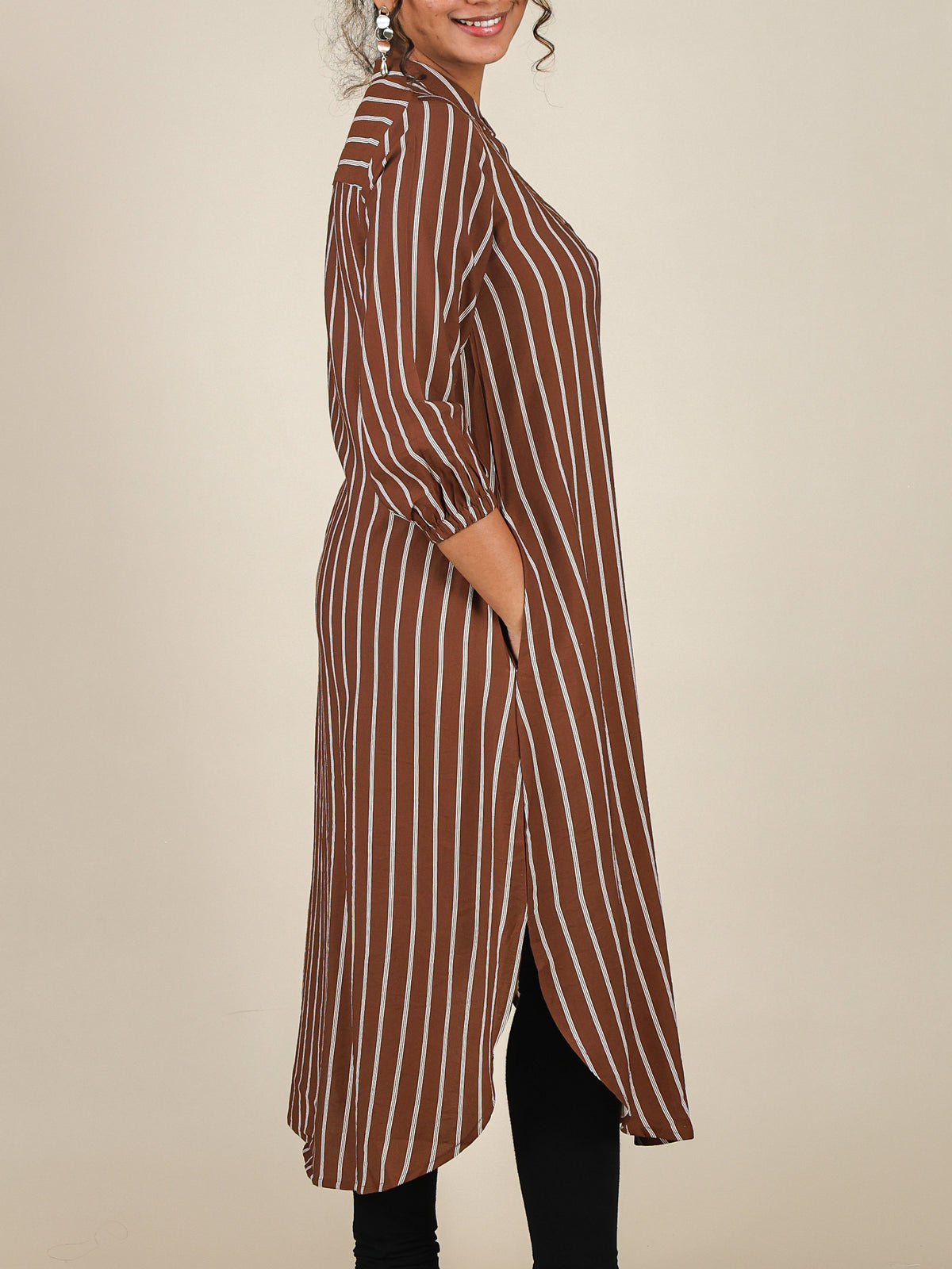 Zaria Rust Brown Pinstripe Mandarin Midi