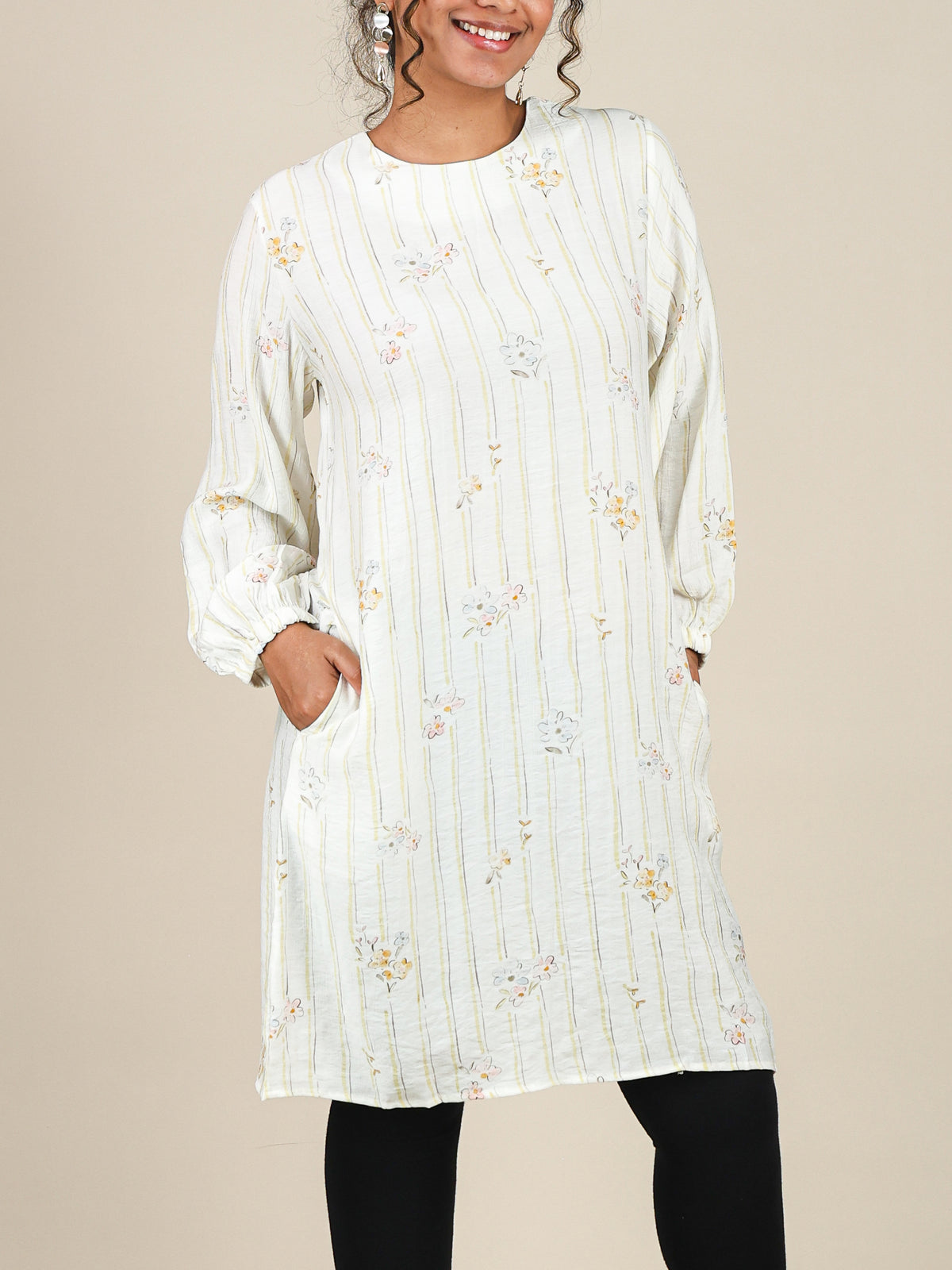 Fiora Ivory Yellow Floral Stripe Top