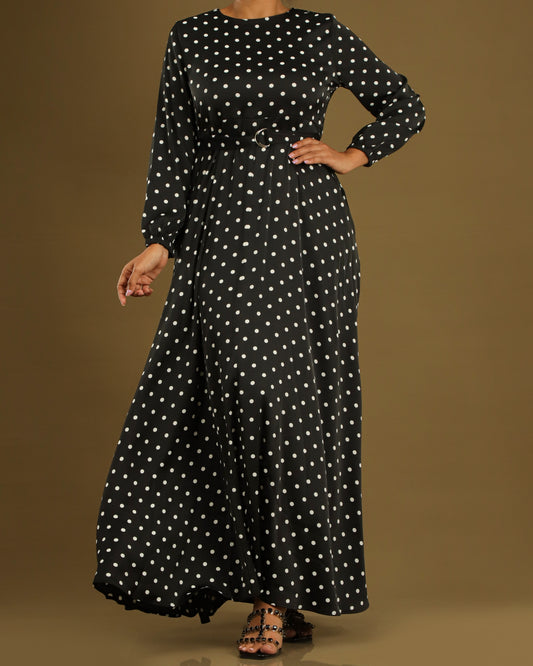 Black Maxi Frock with White Dot Print – Fitted Hip Design