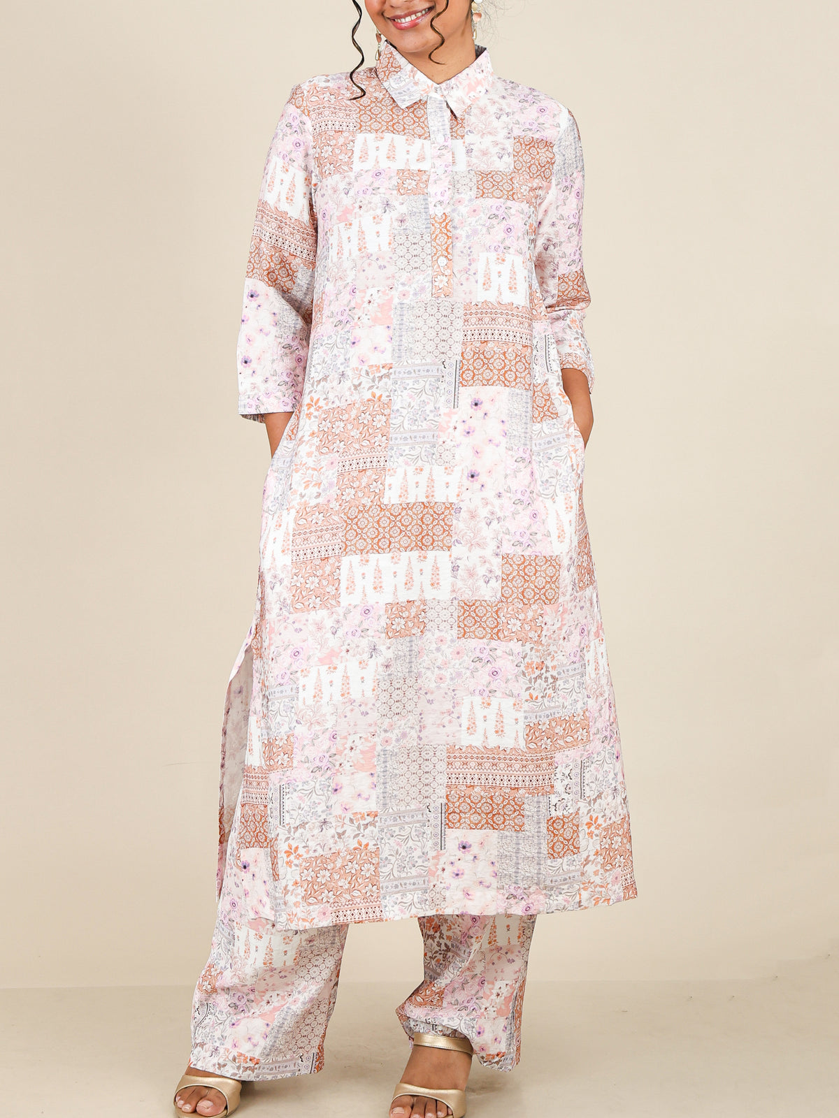 Aurette Blush Peach Patchwork Print Co-Ord Set