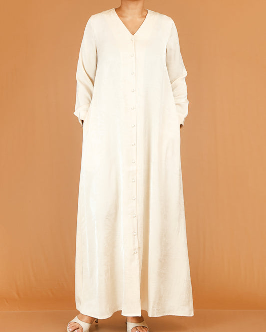 Cream Minimal Button Down Abaya Maxi with V-Neckline