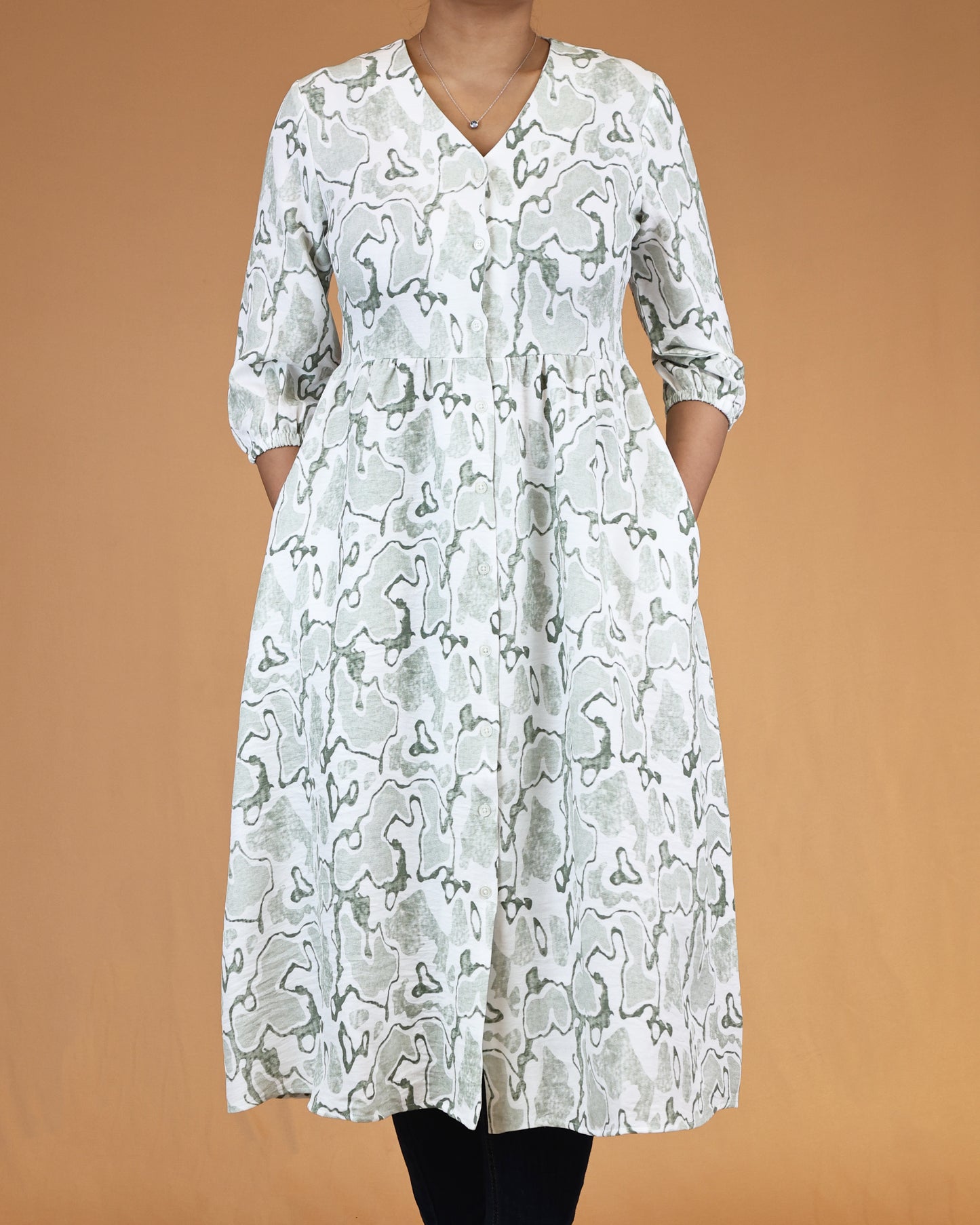 Sage Green Printed V-Neck Shirt Dress