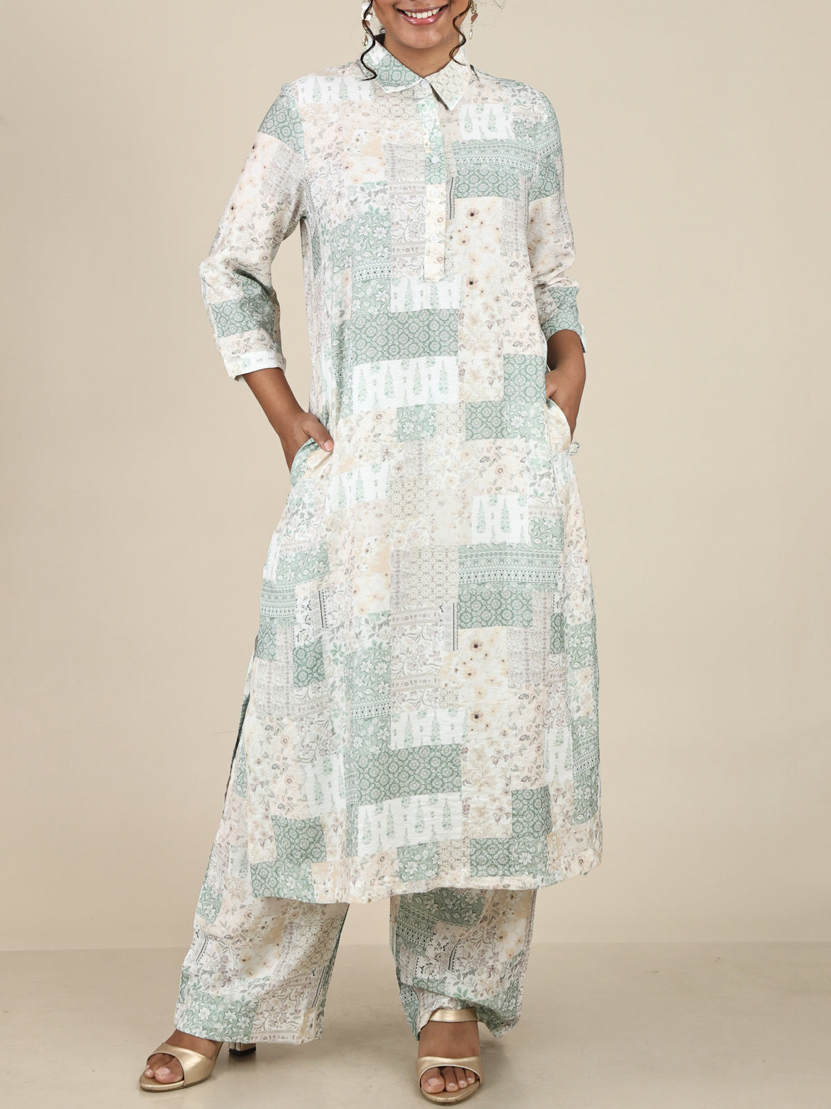 Aurette Sage Green Patchwork Print Co-Ord Set