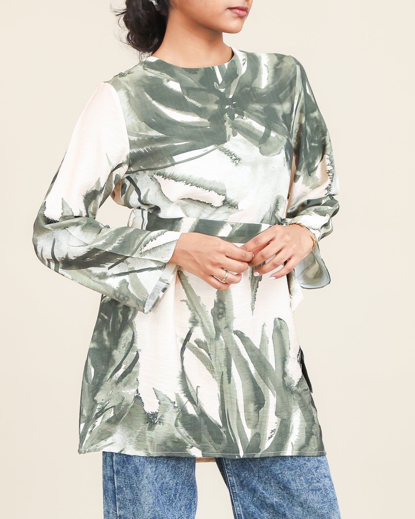 Olive Brushstroke Belted Top