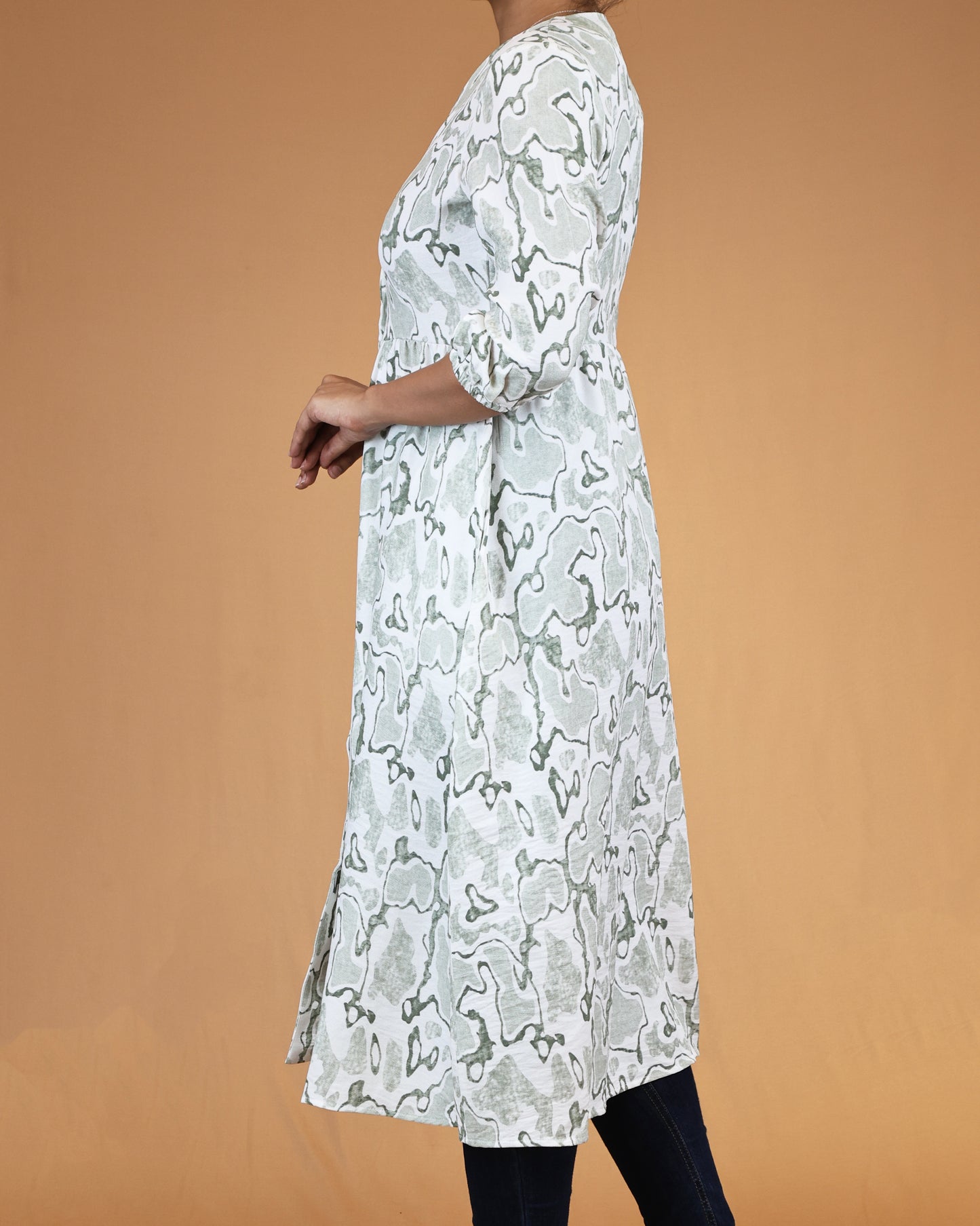 Sage Green Printed V-Neck Shirt Dress