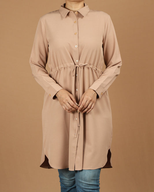 Adjustable Buttoned Short Top – Curved Hem with Hip Tie Detail