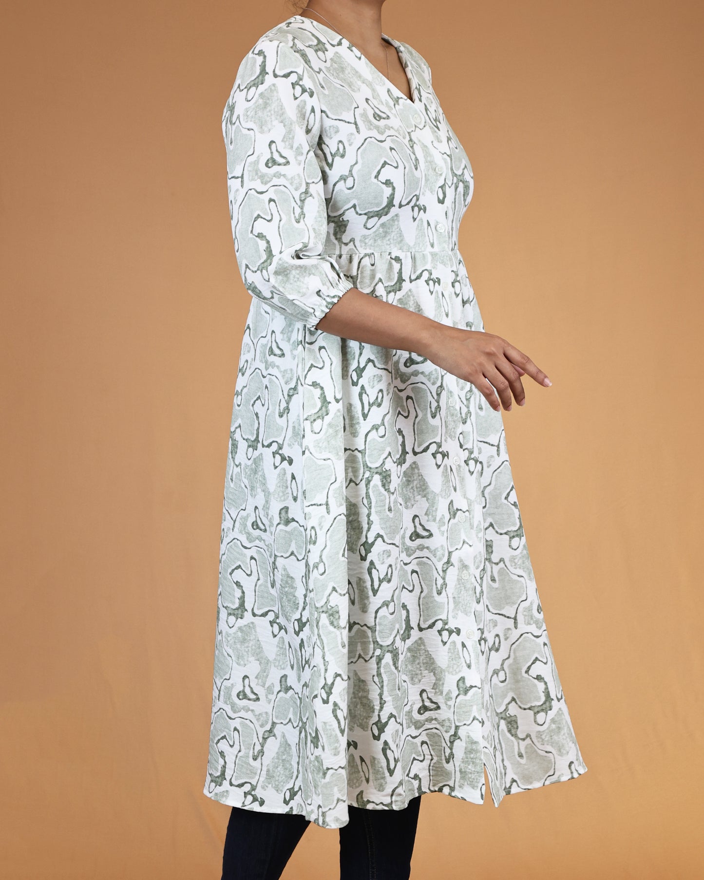 Sage Green Printed V-Neck Shirt Dress