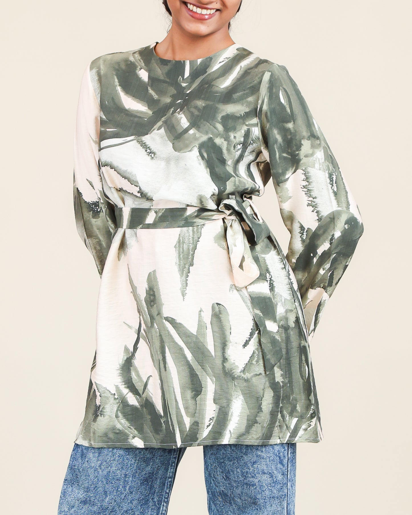 Olive Brushstroke Belted Top