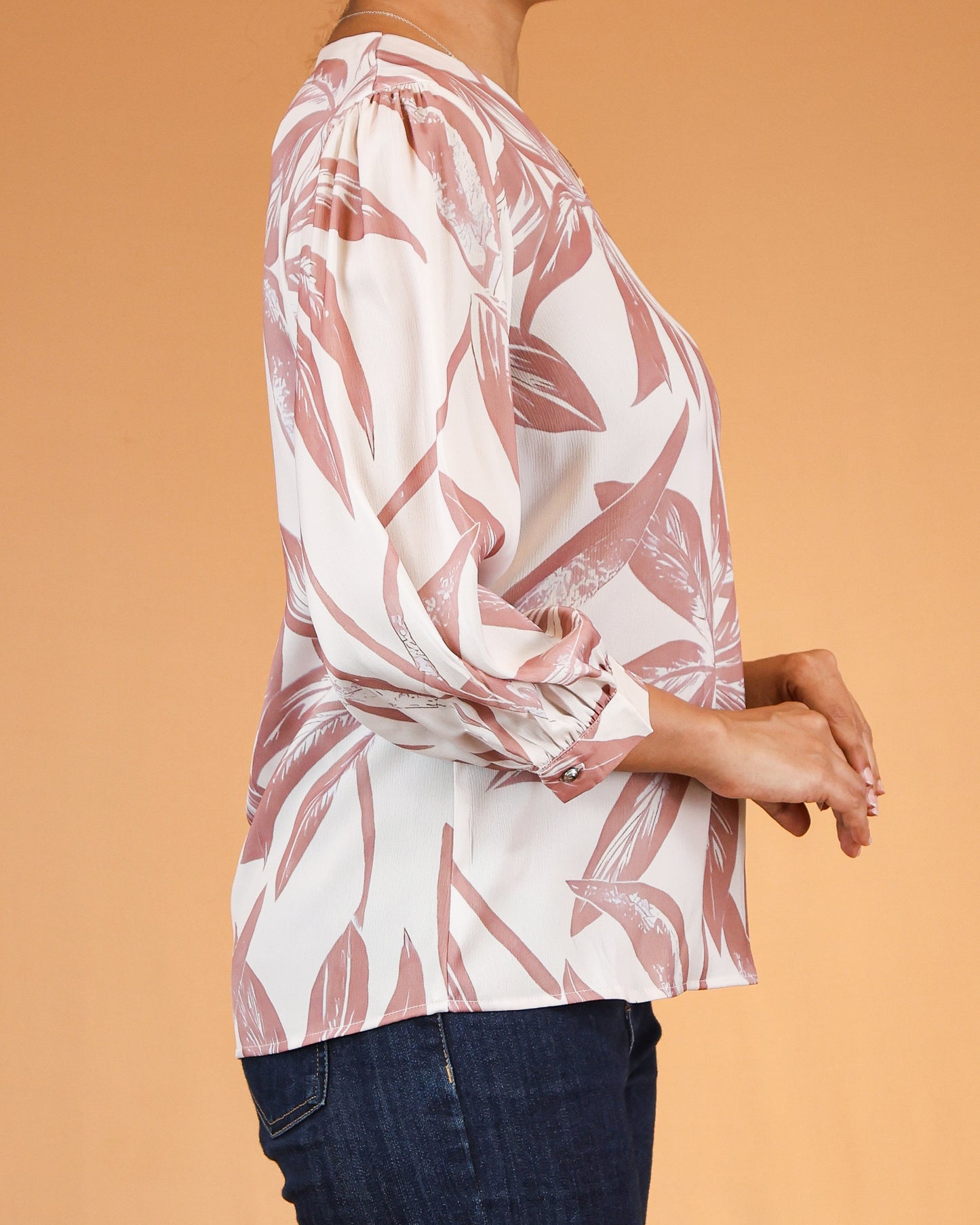 Blush Leaf-Print Long Sleeve Top