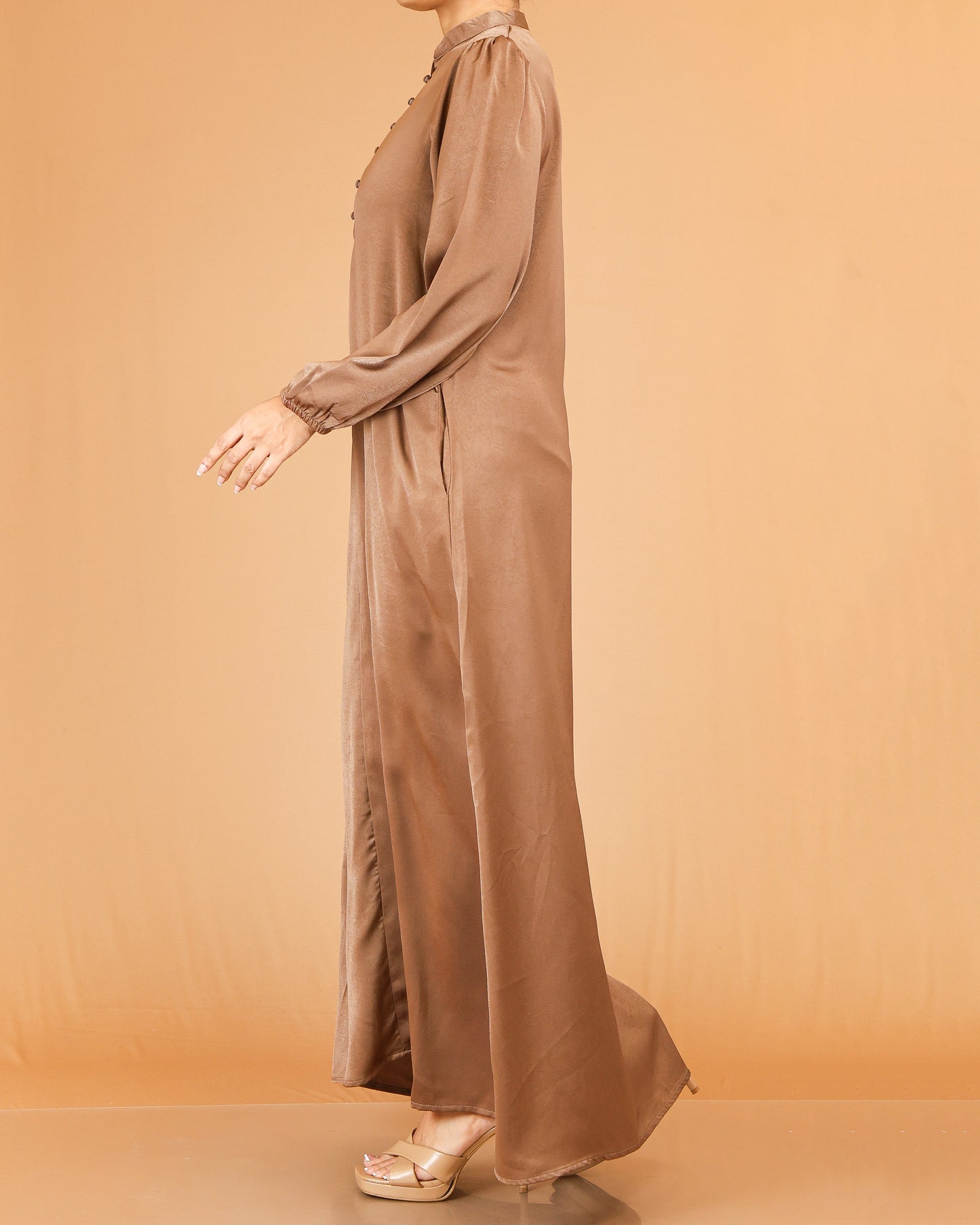 Caramel Brown Mandarin Collar Abaya with Button Placket Detail