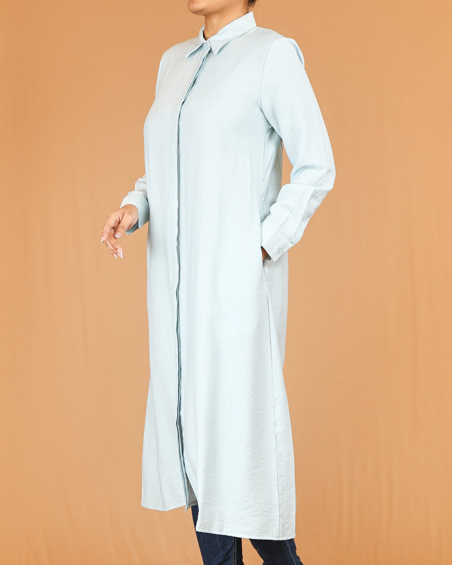 Powder Blue Shirt Dress with Concealed Placket