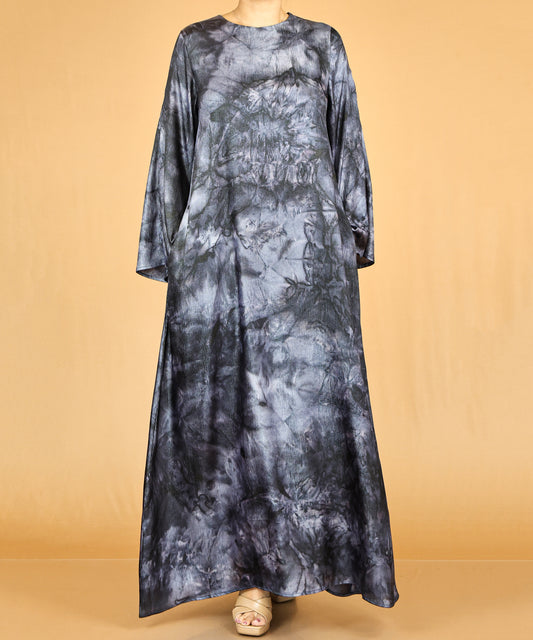 Deep Gray Marble Print Flow Abaya with Relaxed Sleeves