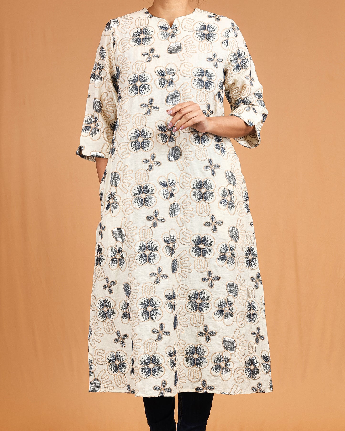 Floral Textured Printed Midi – Cream & Navy
