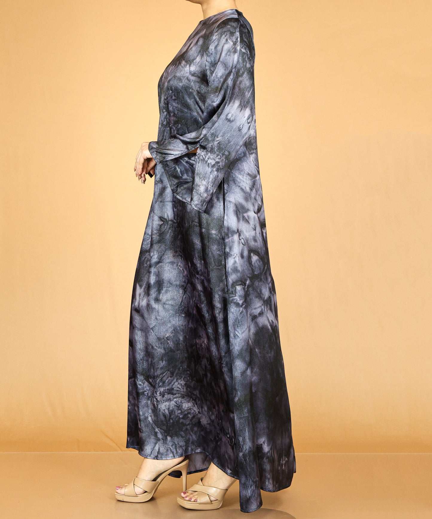 Deep Gray Marble Print Flow Abaya with Relaxed Sleeves