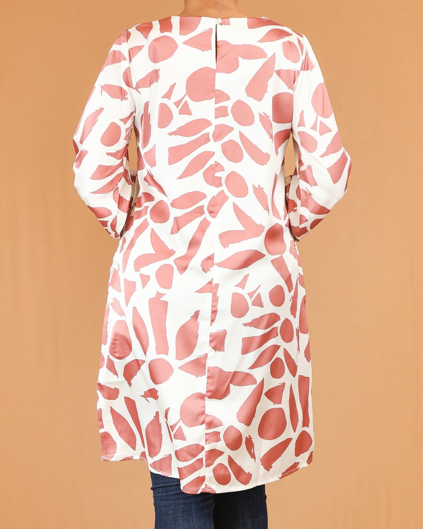 Pink Abstract Print Midi Top with Gathered Sleeves