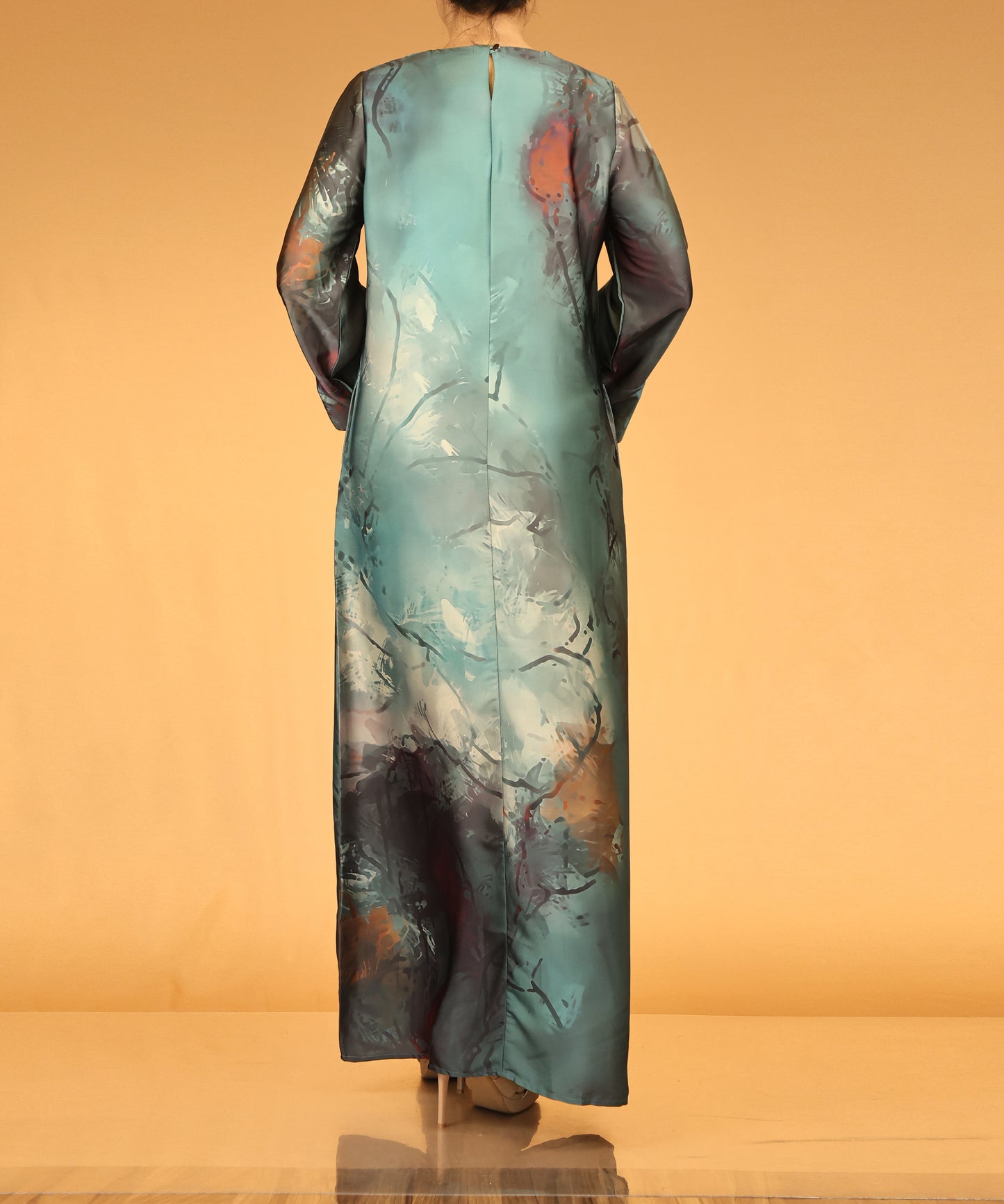 Teal Watercolour Print Long Maxi Abaya