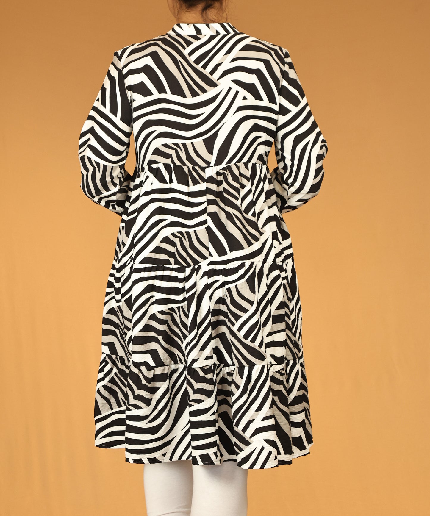 Black & White Zebra Print Tiered Long Tunic Dress