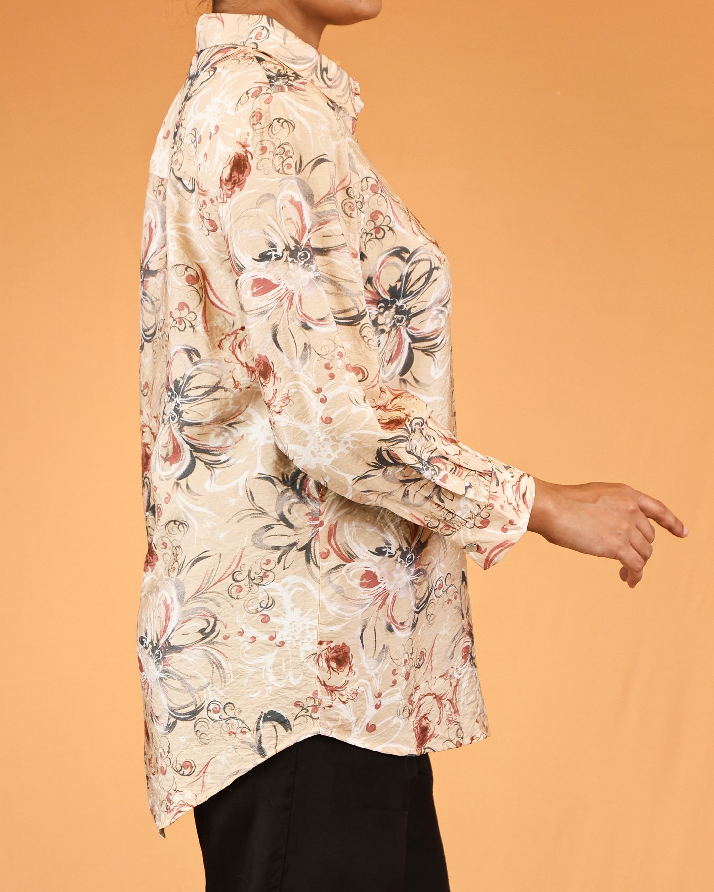 Peach Beige Floral Classic Shirt Dress